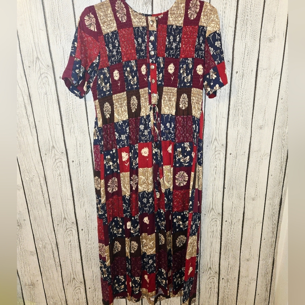 Karin Stevens Vintage 90s Patchwork Floral Button Front Midi Dress Boho Cottagec